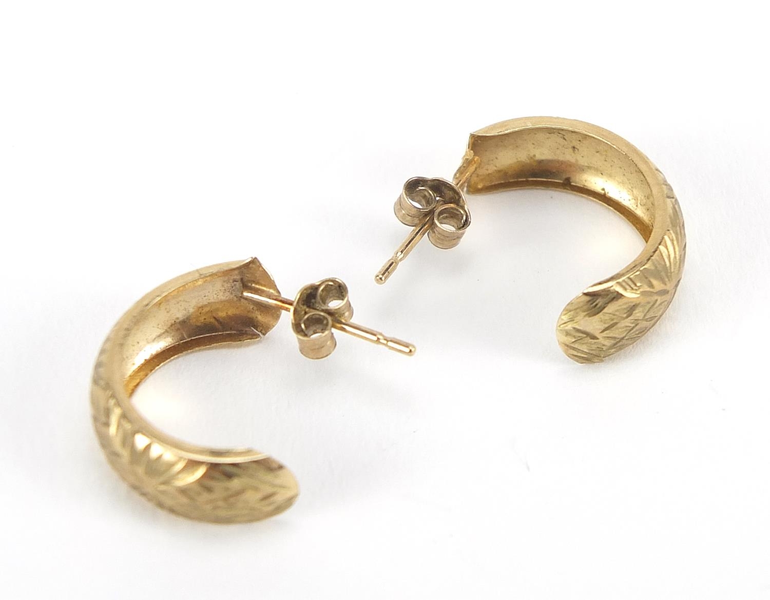 Pair of 9ct gold half hoop earrings with engraved decoration, 1.4cm high, 0.6g : For Further - Image 3 of 3