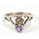 Silver marcasite and amethyst love heart ring, size O, 3.0g : For Further Condition Reports Please