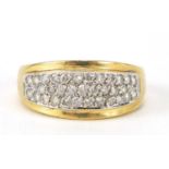 18ct gold diamond three row cluster ring, the diamonds approximately 1.4mm in diameter, size N, 5.7g