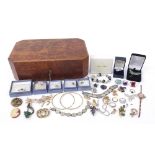 Vintage and later costume jewellery, some silver, arranged in a burr wood jewellery box including