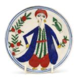 Turkish Kutahya pottery plate hand painted with a figure, 12.5cm in diameter : For Further Condition