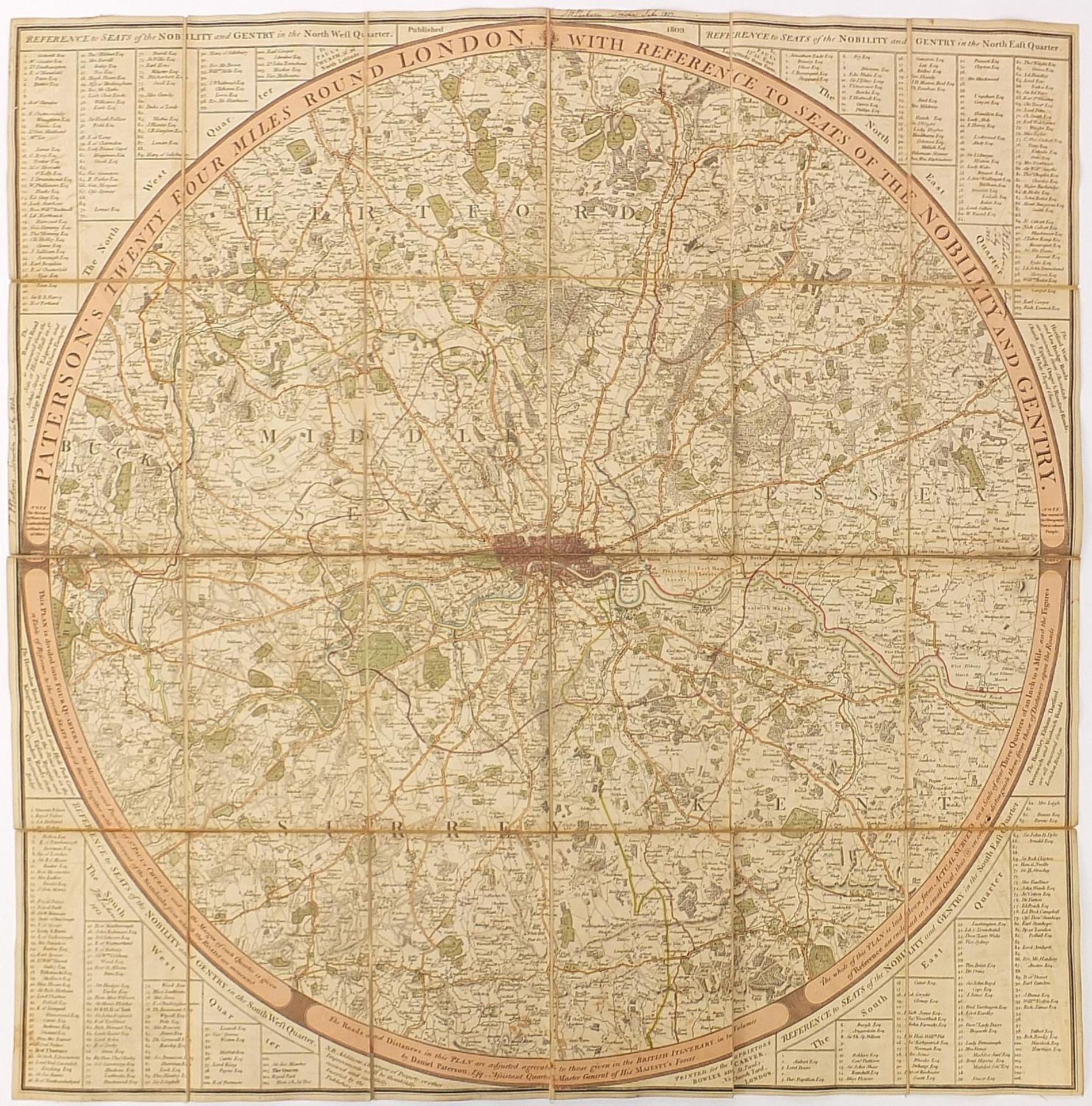 Early 19th century Patterson's Twenty-Four Miles Round London canvas backed folding map with slip