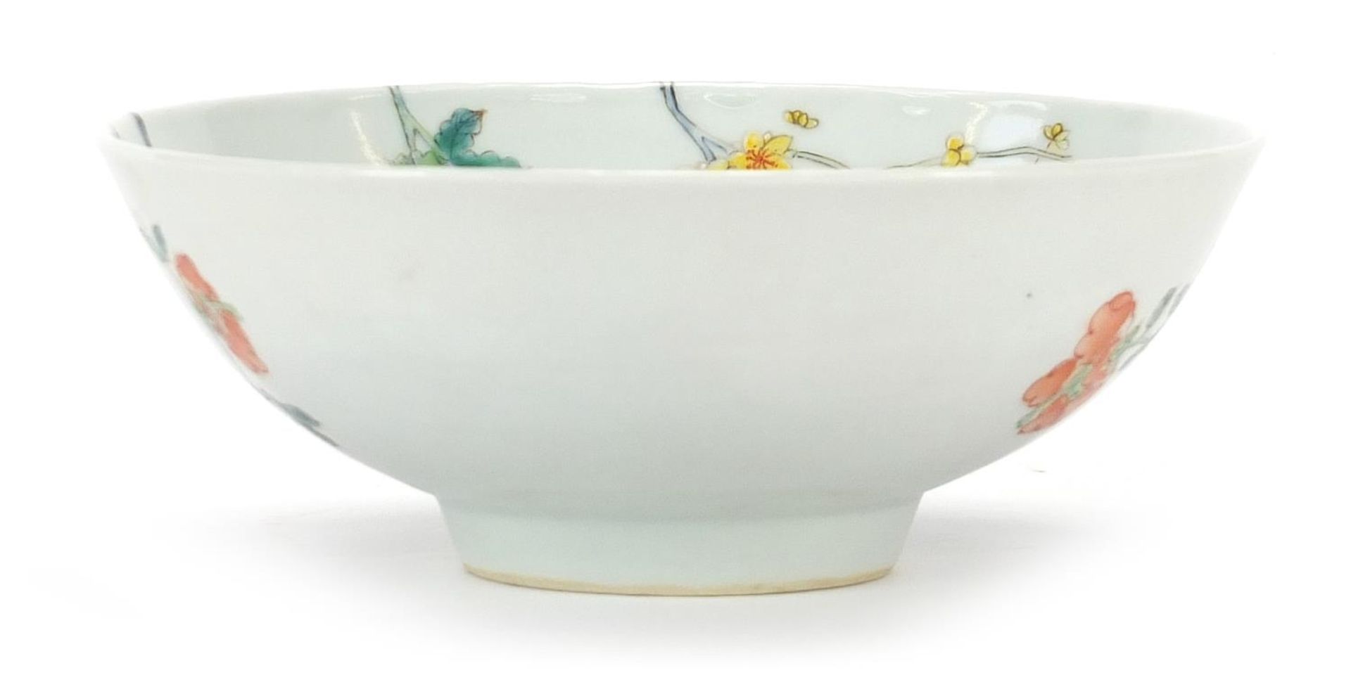 Chinese porcelain bowl hand painted in the famille rose palette with flowers, six figure character - Image 3 of 8