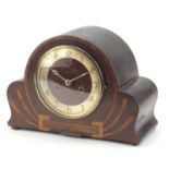Art Deco inlaid fan shaped chiming mantle clock with Arabic numerals, 32cm wide : For Further