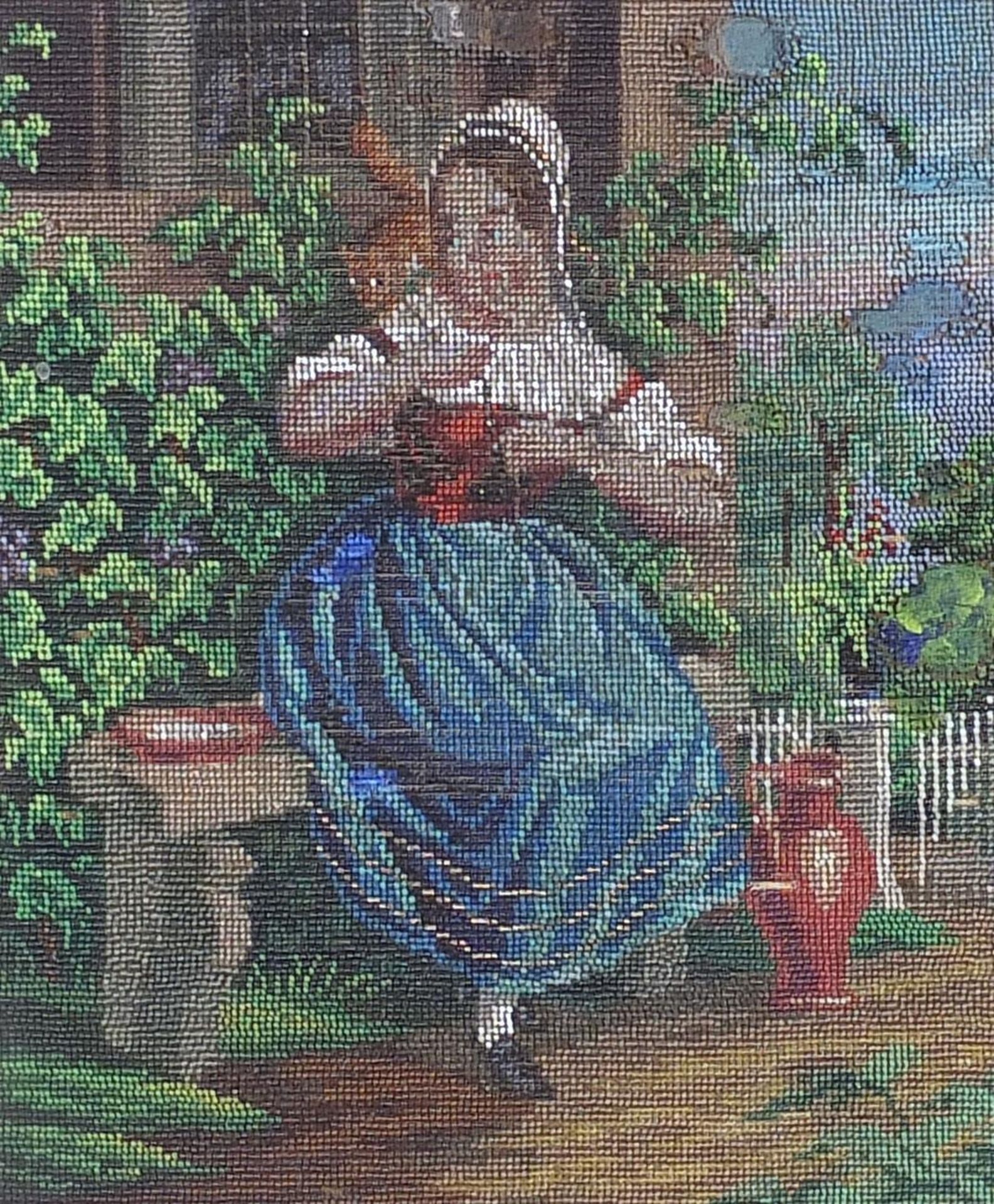 Girl with cat, 19th century beadwork panel, mounted, framed and glazed, 20cm x 16.5cm excluding
