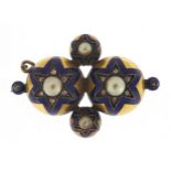 Antique unmarked gold diamond, pearl and enamel brooch, 4cm wide, 12.0g : For Further Condition
