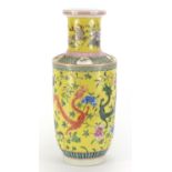 Chinese porcelain yellow ground rouleau vase hand painted with two dragons amongst flowers,