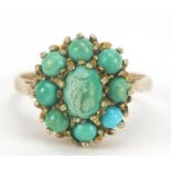 Antique design 9ct gold turquoise cluster ring, size N/O, 3.7g : For Further Condition Reports