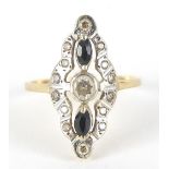 9ct gold Art Deco design sapphire and clear stone ring, size S, 3.3g : For Further Condition Reports