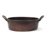 Victorian copper preserve pan with twin handles by Benham & Froud, 47.5cm wide : For Further