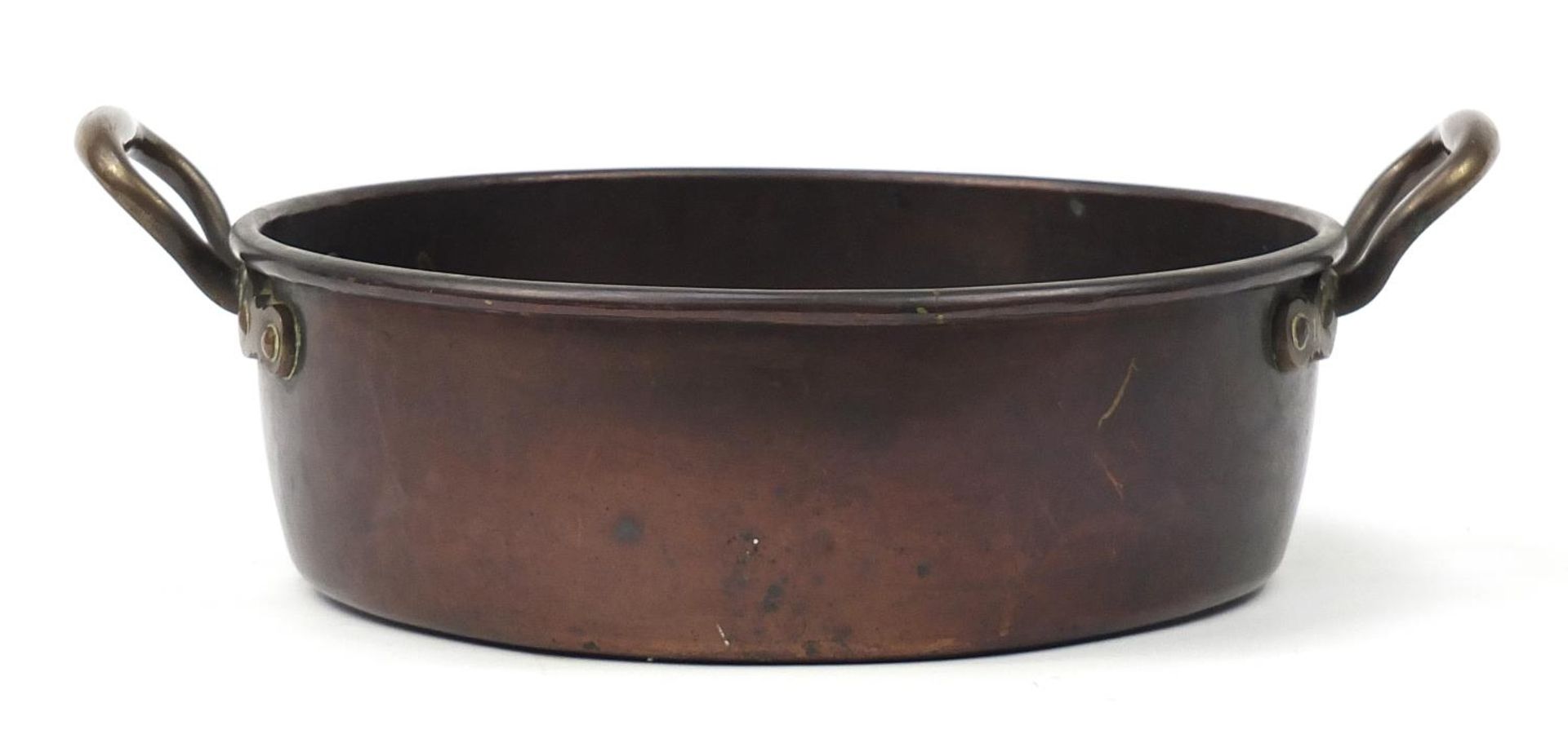 Victorian copper preserve pan with twin handles by Benham & Froud, 47.5cm wide : For Further
