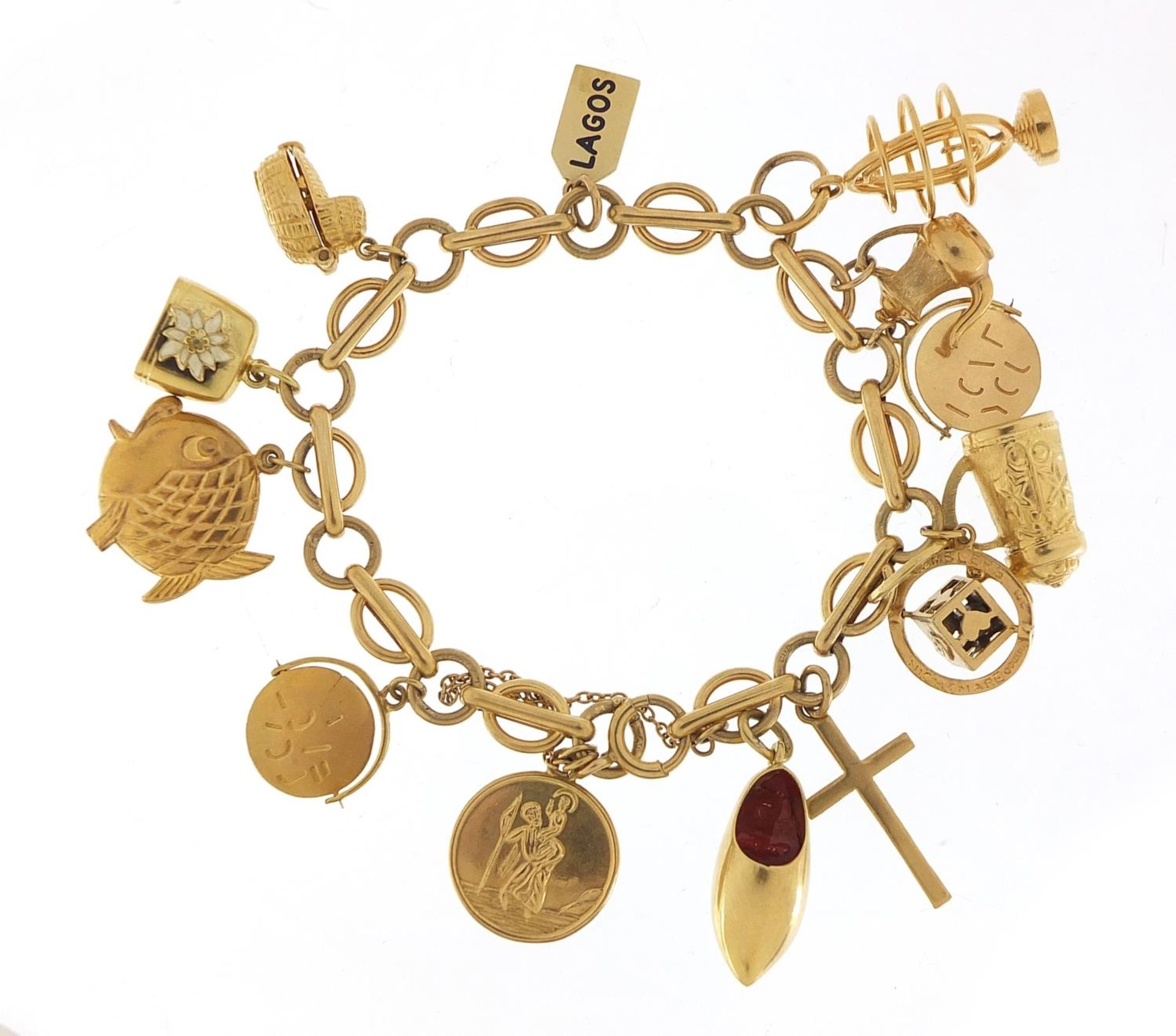 9ct gold charm bracelet with a selection of mostly gold charms including St Christopher, Dutch