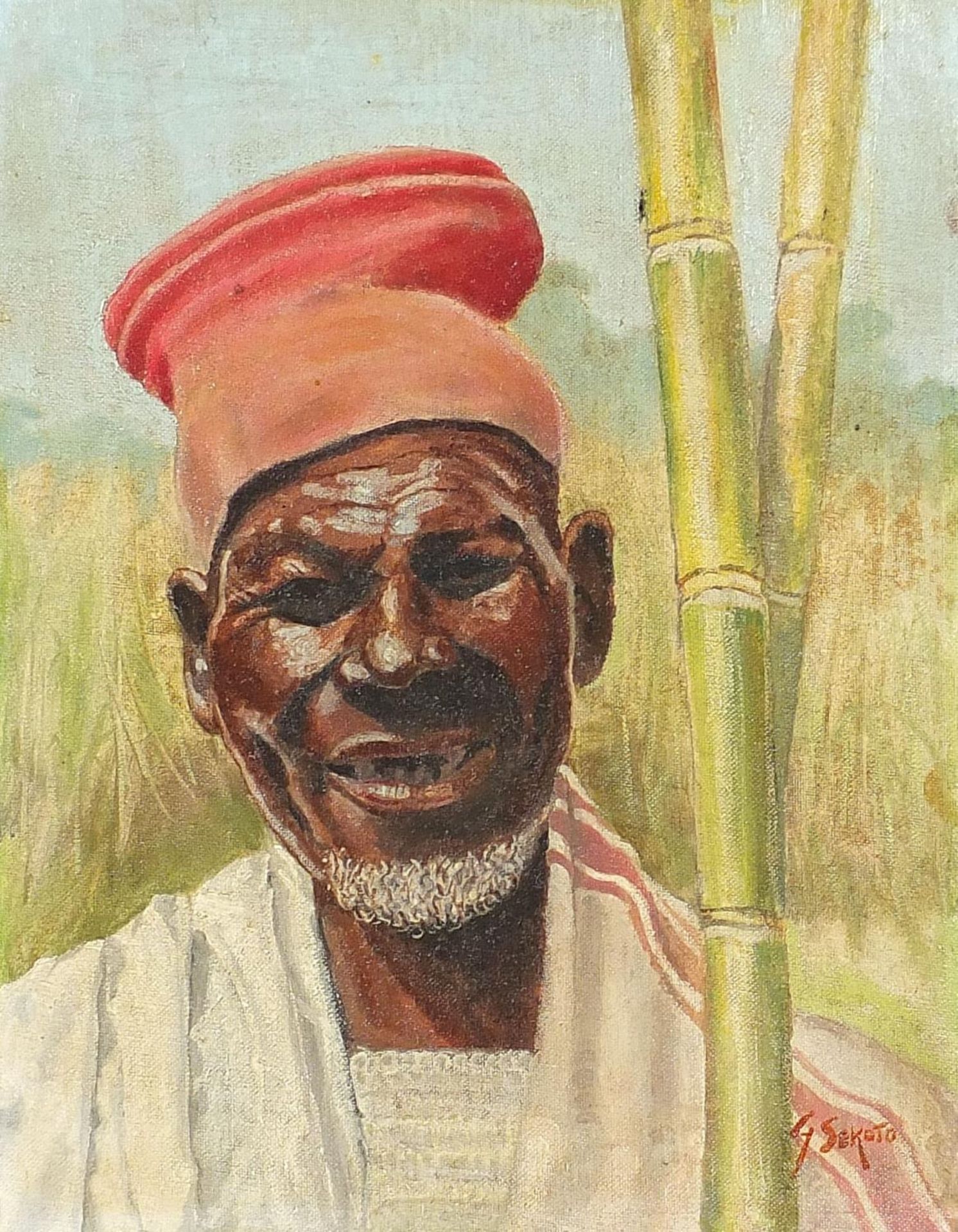 Portrait of an African farmer, oil on board bearing a W M Whiteley Fine Art Department label