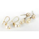 Two pairs of simulated pearl earrings, the largest 2.4cm high, total 2.6g : For Further Condition