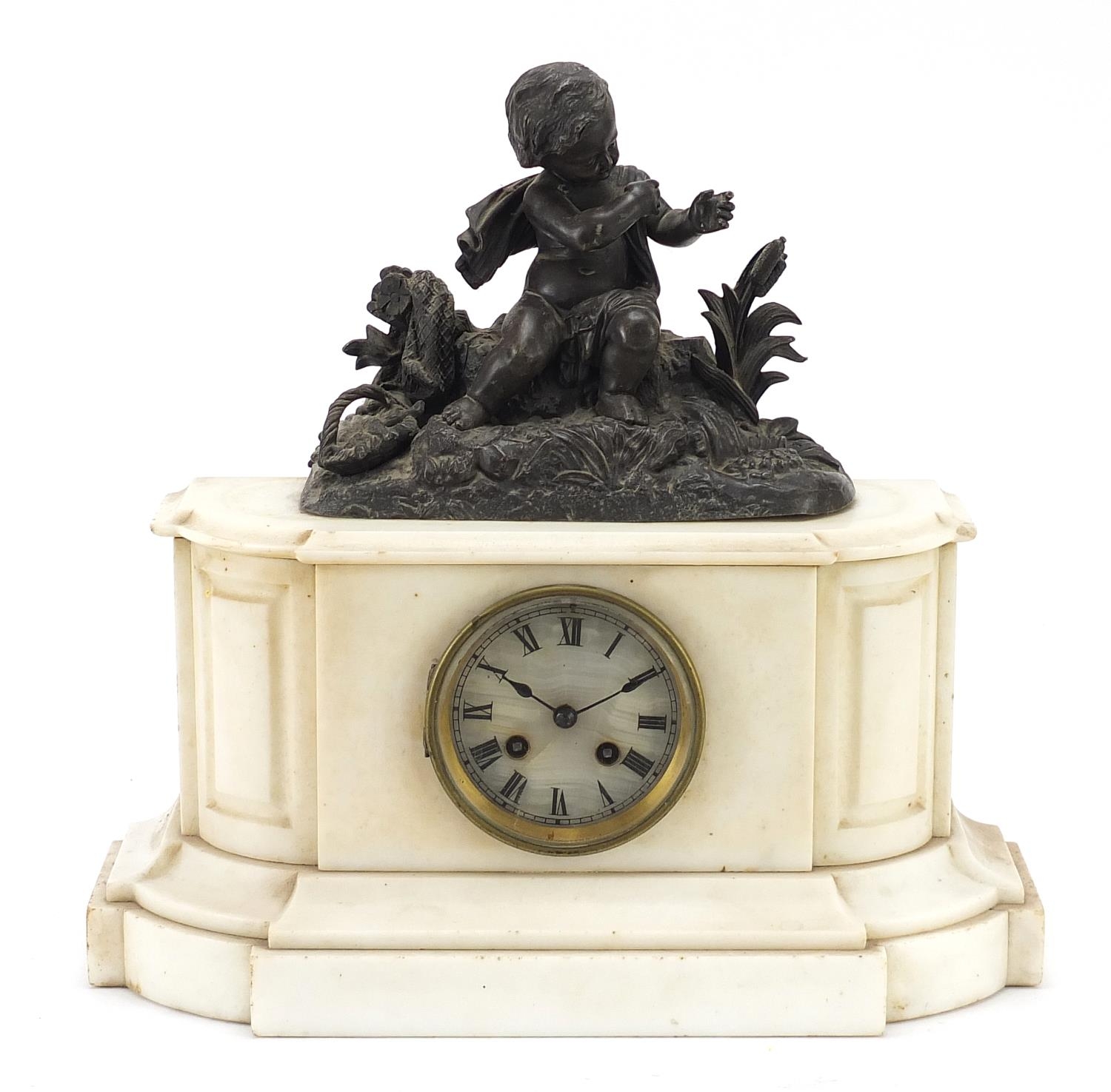 19th century French white marble mantle clock striking on a bell, surmounted with a bronzed figure - Image 2 of 16