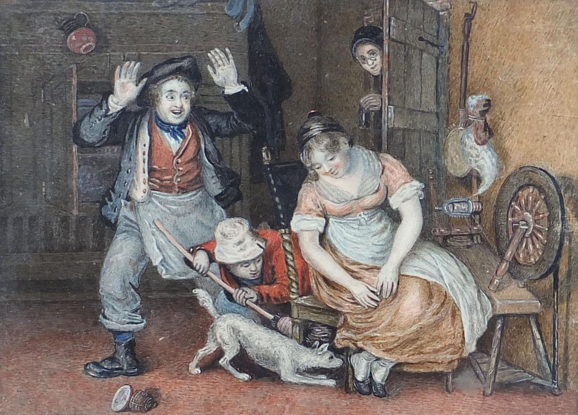 Figures and a dog in an interior beside a spinning wheel, early 19th century watercolour,