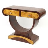 Art Deco design walnut and bird's eye maple effect console table with two frieze drawers, 87cm x