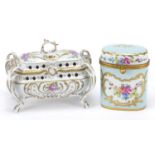 Limoges porcelain pot and a Continental porcelain box and cover, each hand painted with flowers, the