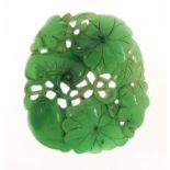 Chinese green jade panel carved with frogs and flowers, 8cm wide : For Further Condition Reports