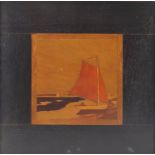 Rowley Gallery, Arts & Crafts marquetry inlaid panel titled Sunlit Sail, label verso, 34cm x