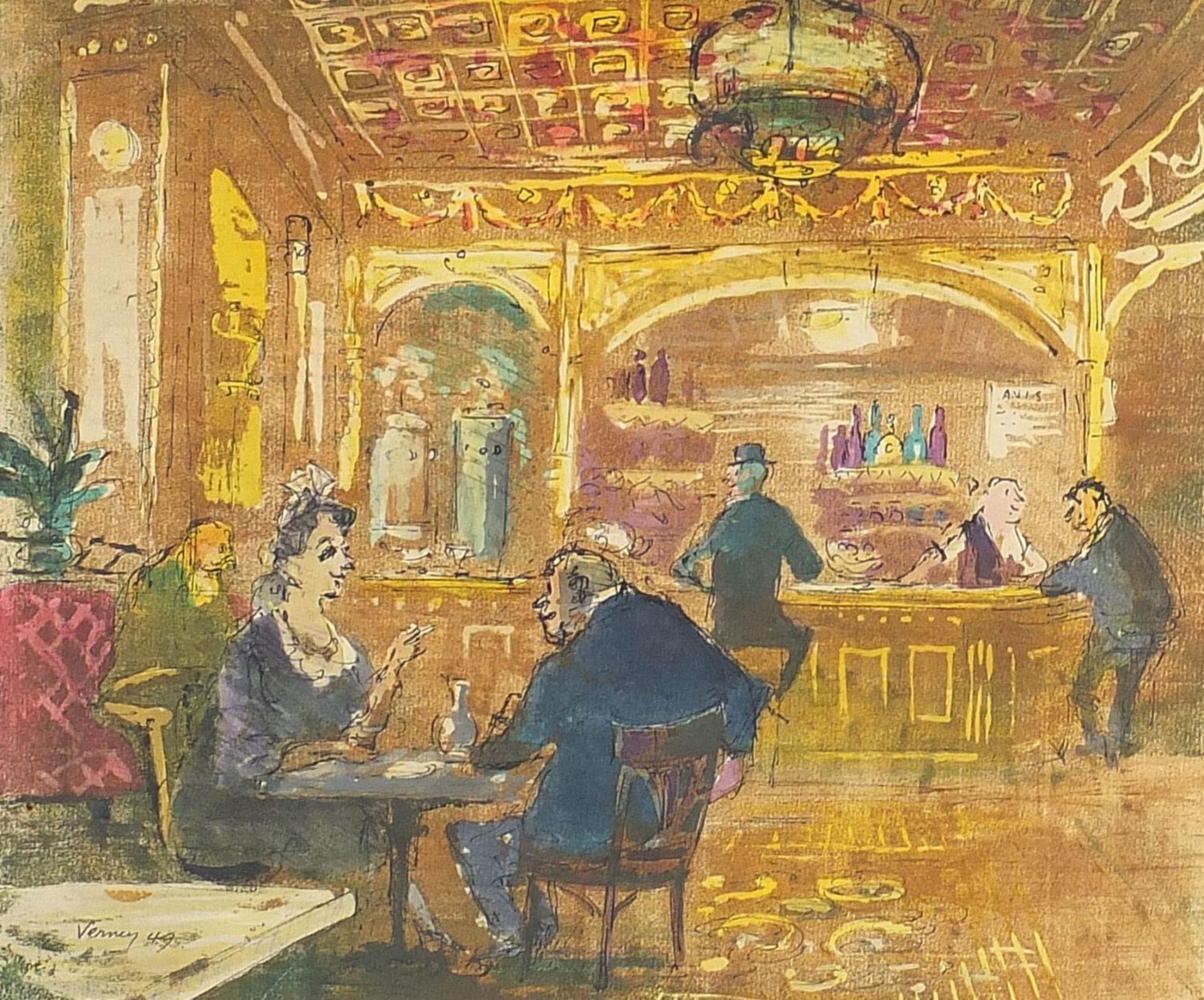 John Verney '49 - Cafe scene, mid 20th century watercolour, Leicester Galleries Artists of Fame