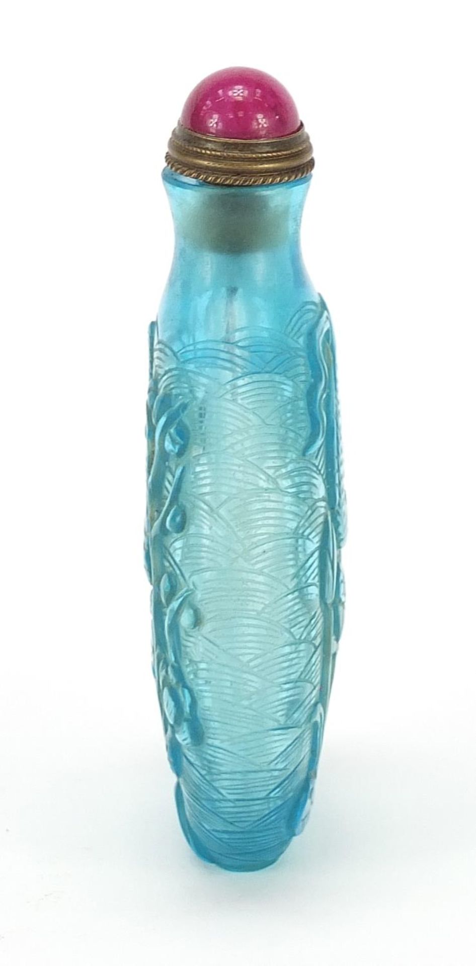 Chinese glass snuff bottle with hardstone stopper carved with birds above lilies, 8cm high : For - Image 4 of 6