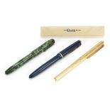 Three fountain pens including green marbleised Conway Stewart and Parker Victory with gold nibs :