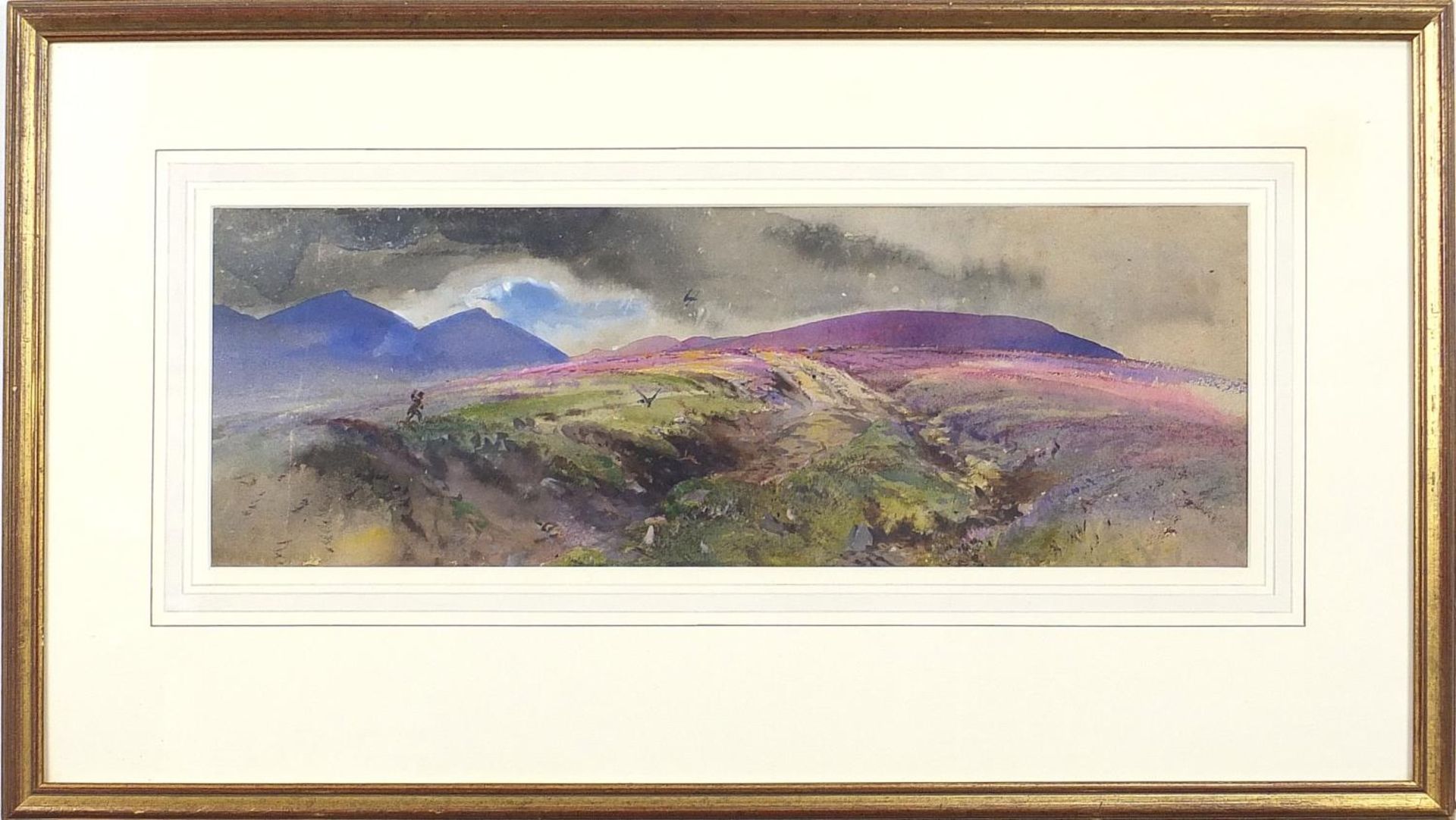 Falconer on the moors with falcons, watercolour, mounted, framed and glazed, 52cm x 18cm excluding - Image 2 of 3