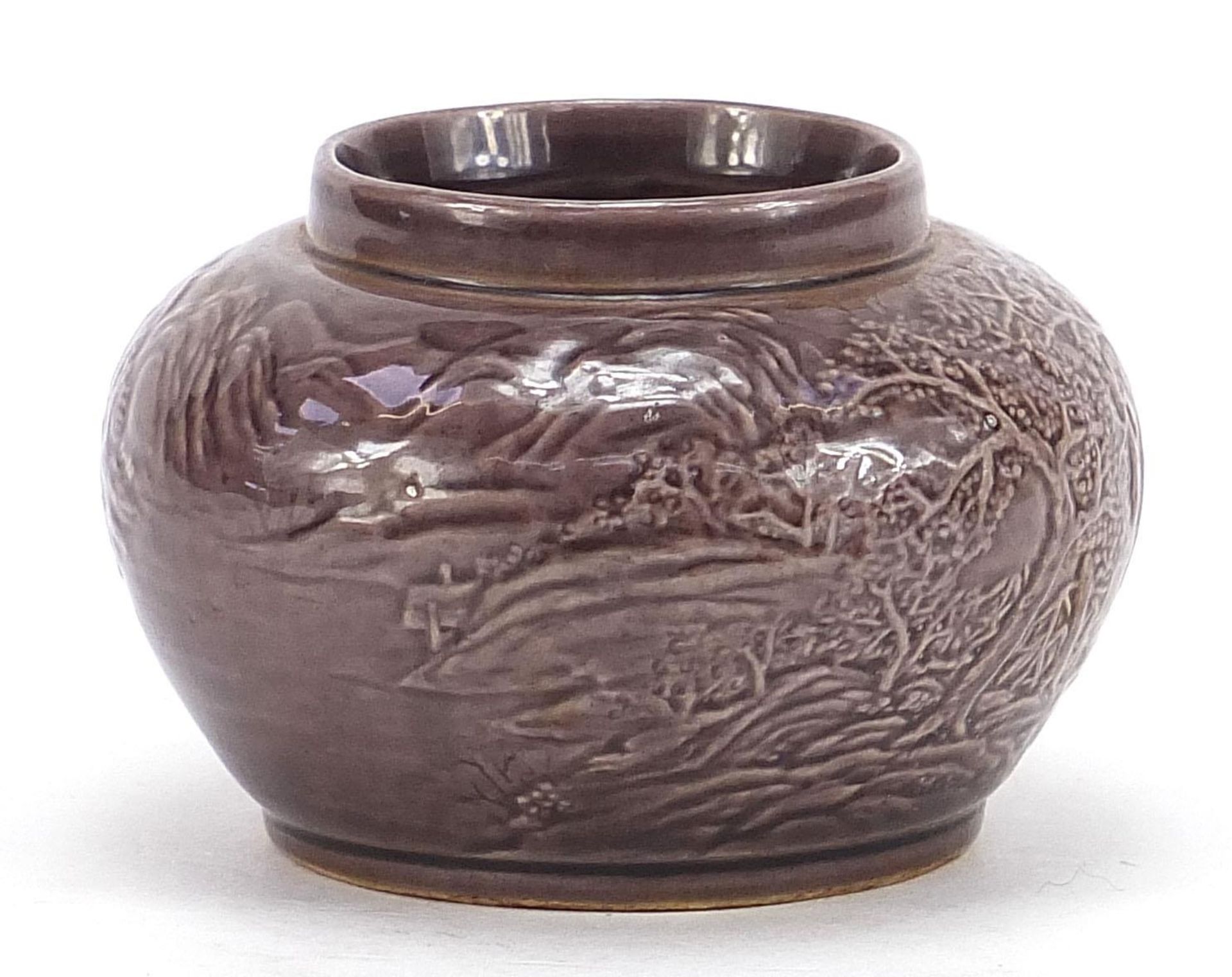 Chinese porcelain vase having a purple glaze decorated in low relief with a continuous landscape, - Image 7 of 16