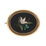 Victorian gold coloured metal pietra dura brooch, 3.5cm wide, 7.6g : For Further Condition Reports