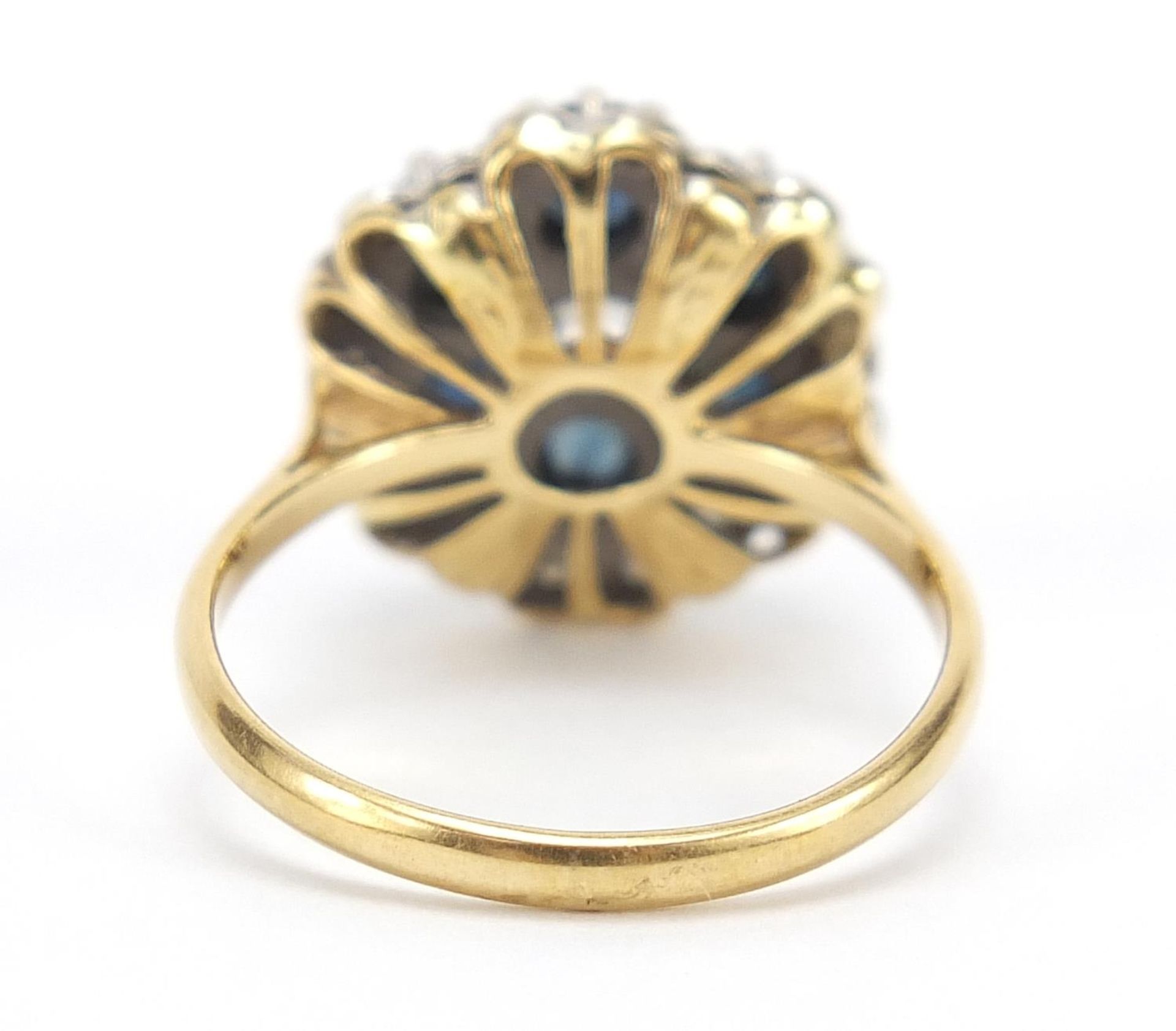 18ct gold sapphire and diamond flower head ring, size L/M, 4.5g : For Further Condition Reports - Image 3 of 5