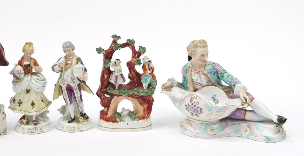 Continental and Staffordshire porcelain figures including a pair of sweetmeat dishes, the largest - Image 3 of 5