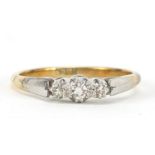 18ct gold and platinum diamond three stone ring, size O, 2.8g : For Further Condition Reports Please