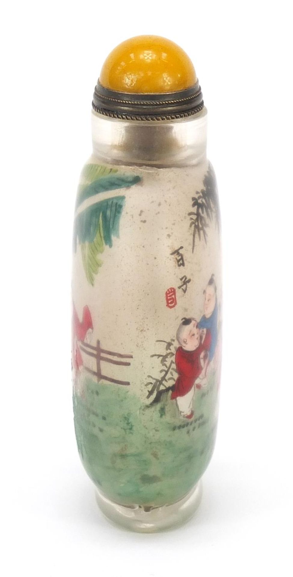 Chinese glass snuff bottle with hardstone stopper, internally hand painted with an Emperor, 9.5cm - Bild 2 aus 7