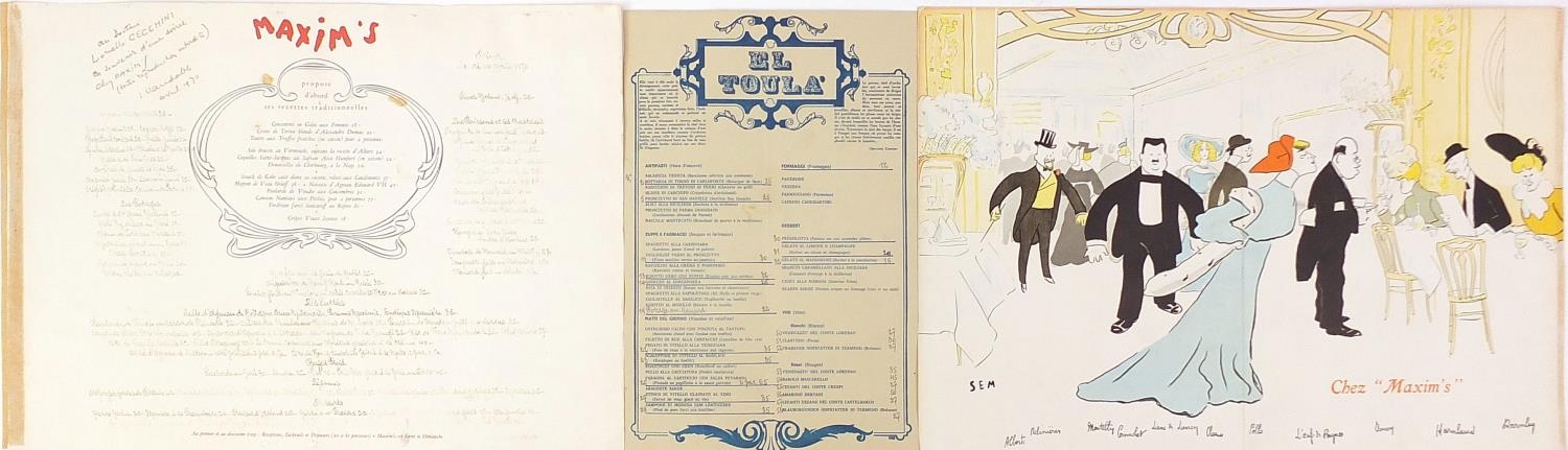 Six vintage menus including Quo Vadis Restaurant, some with signatures, the largest overall 81cm x - Image 17 of 18