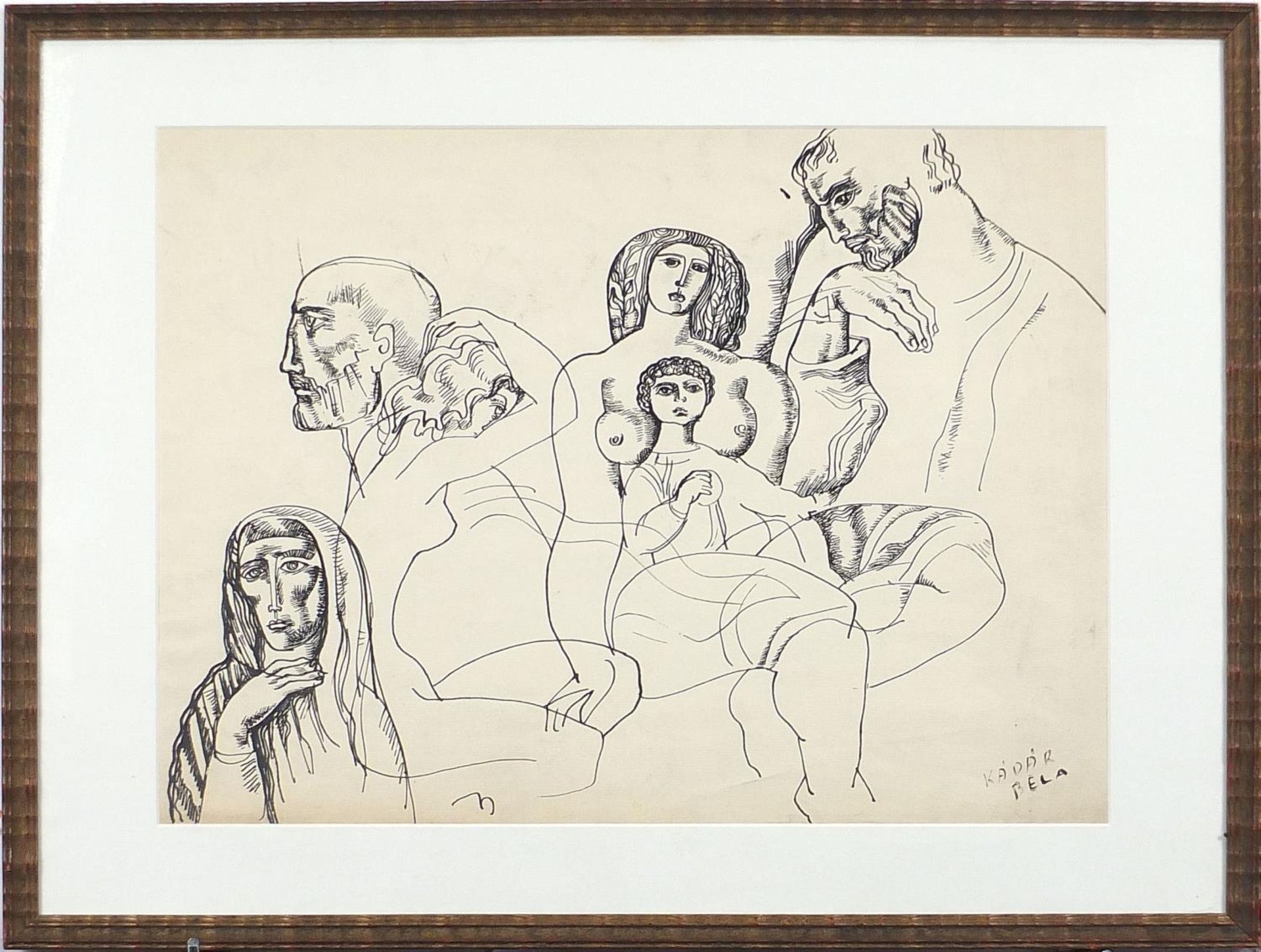 After Bela Kadar - Surreal nude figures, pen and ink, mounted, framed and glazed, 46cm x 34cm - Image 2 of 5