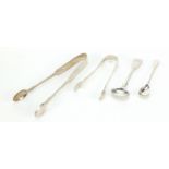 Victorian and later silver flatware comprising two pairs of sugar tongs and two mustard spoons,