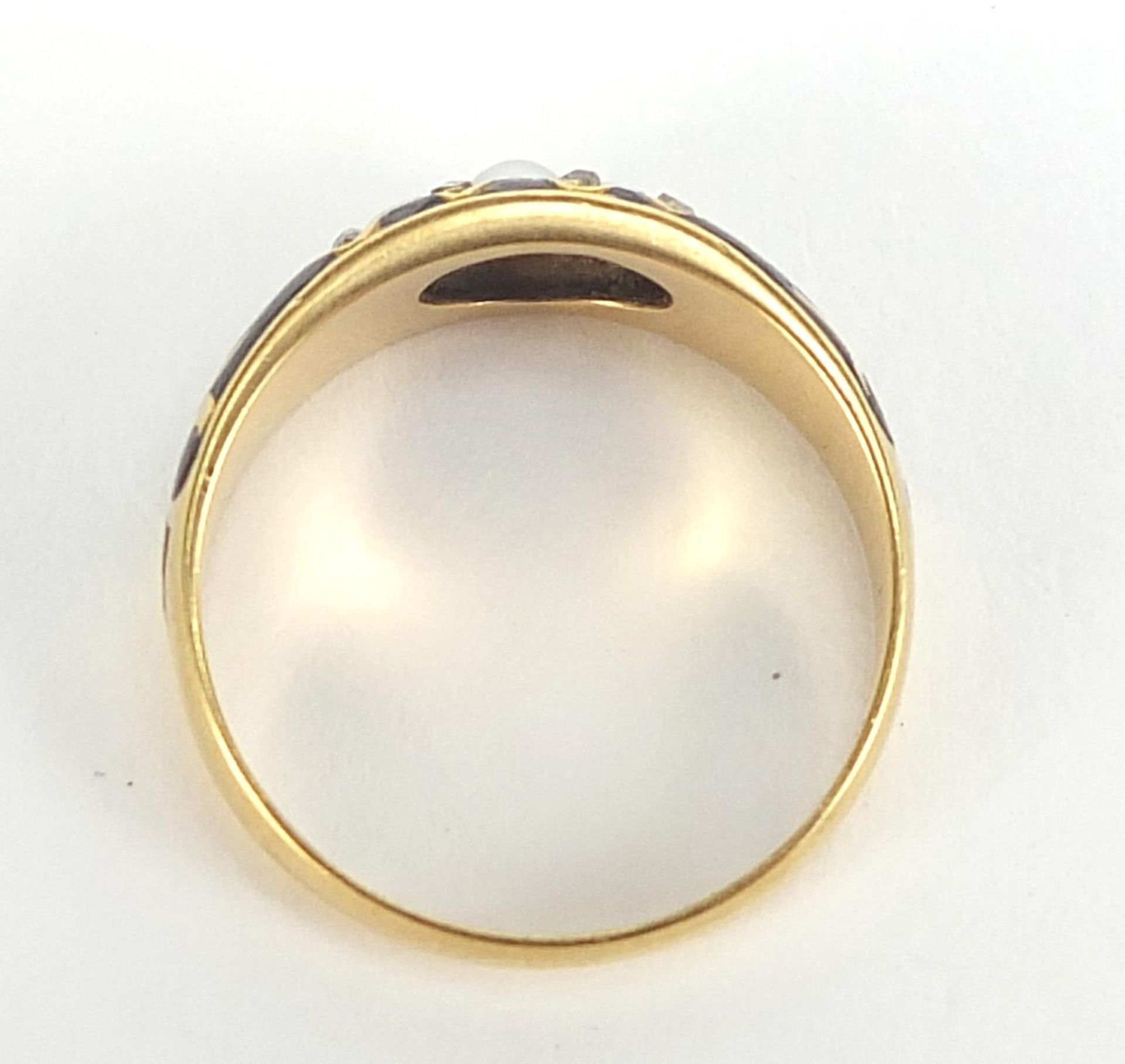Antique 18ct gold, pearl, diamond and black enamel mourning ring, Chester 1904, size N, 3.6g : For - Image 5 of 5