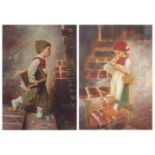 Dutch school children with chalkboard and books, pair of oil on panels, mounted, framed and