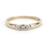 9ct gold diamond three stone ring, size R, 2.2g : For Further Condition Reports Please Visit Our