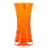 Geoffrey Baxter for Whitefriars, tangerine orange waisted glass vase with paper labels, one numbered