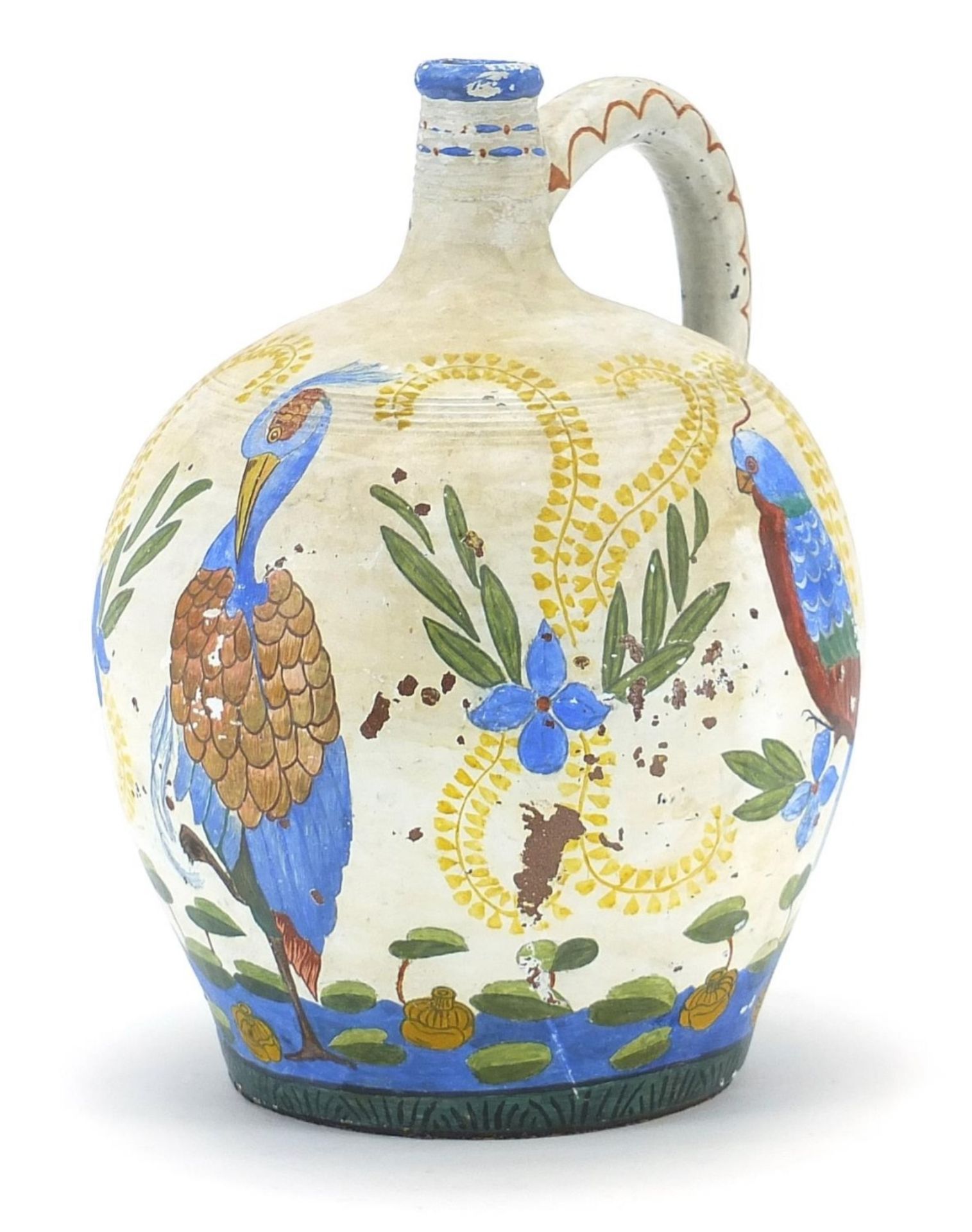 Continental ceramic jug hand painted with birds of paradise and flowers, 28.5cm high : For Further