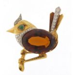 Unmarked gold and citrine bird on a branch brooch set with diamonds and turquoise, 5cm high, 25.2g :