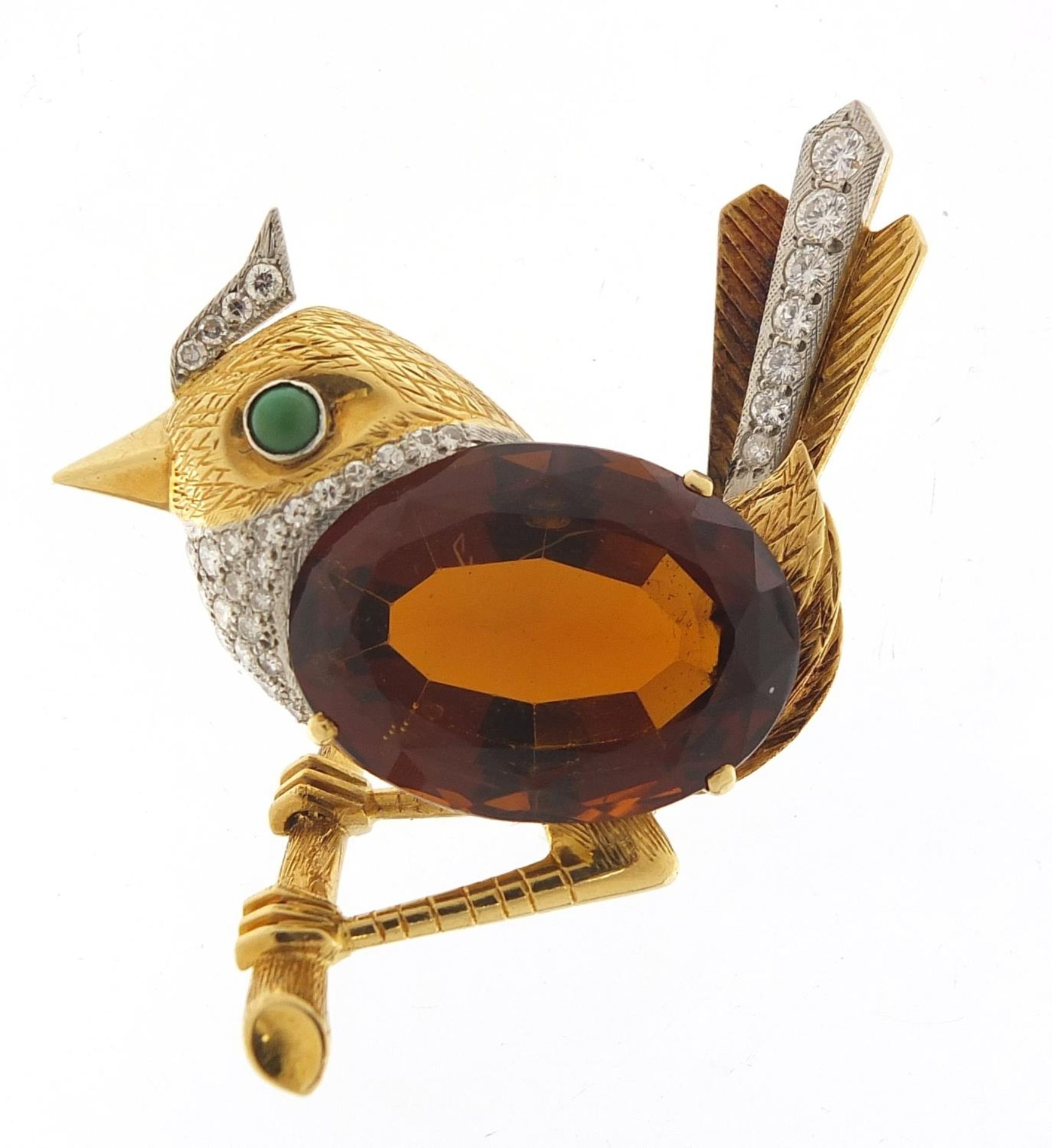 Unmarked gold and citrine bird on a branch brooch set with diamonds and turquoise, 5cm high, 25.2g :