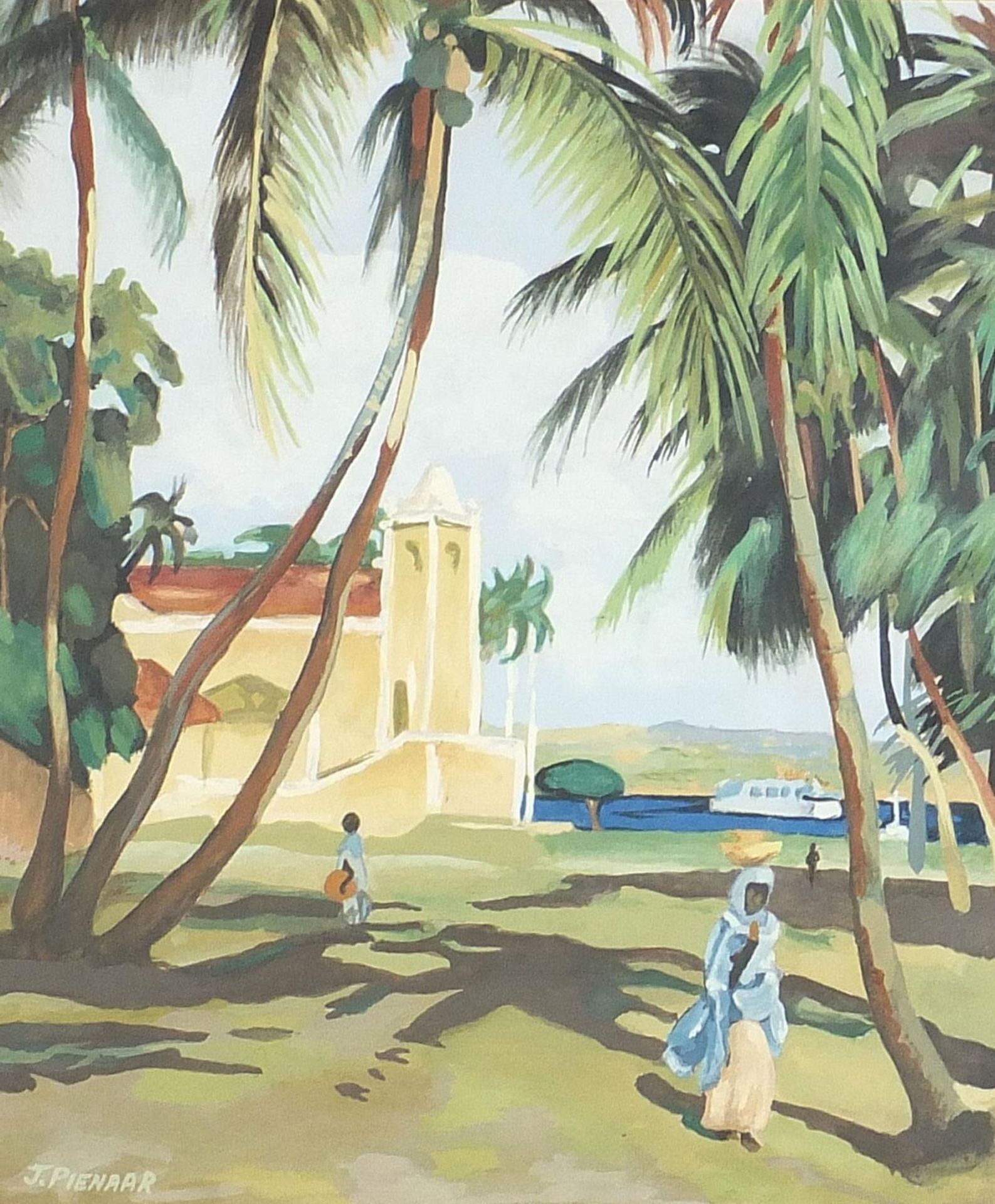 Figures before buildings and a river, South African school gouache, signed J Pienaar, Cape Town