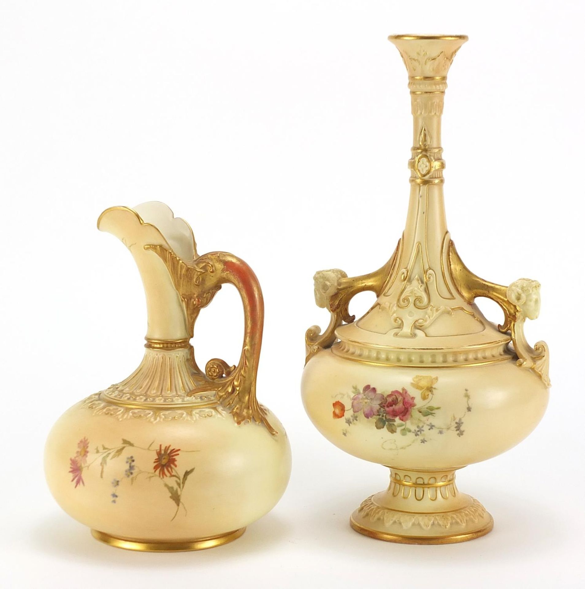 Royal Worcester, Victorian blush ivory vase with twin rams head handles and a jug, each decorated - Image 2 of 6