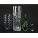 Art glassware including a Tiffany & Co apple paperweight, Whitefriars vase and large vase etched