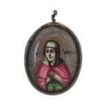 19th century religious unmarked silver mounted enamel pendant hand painted with Madonna,