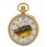 9ct gold gentlemen's open face pocket watch, the dial enamelled with a classic car, 53mm in