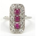 Art Deco platinum ruby and diamond ring, the head of the ring 19mm x 10mm, size N, 3.7g : For
